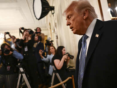 President Donald Trump leaves after participating in a Small Business Summit in the East Room of the White House in Washington, DC, on May 4, 2026.