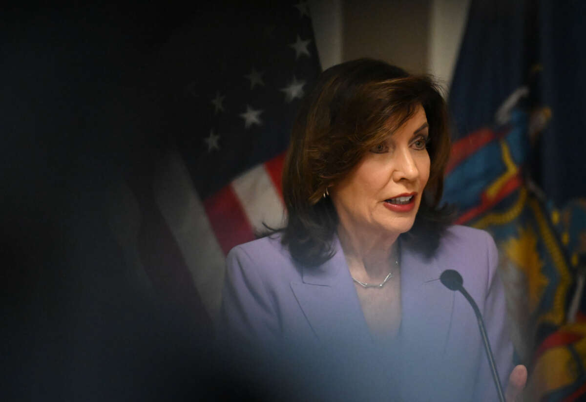 Gov. Kathy Hochul takes questions during a news conference on her affordable housing initiative on May 5, 2026, at Broadway Apartments in Menands, New York.
