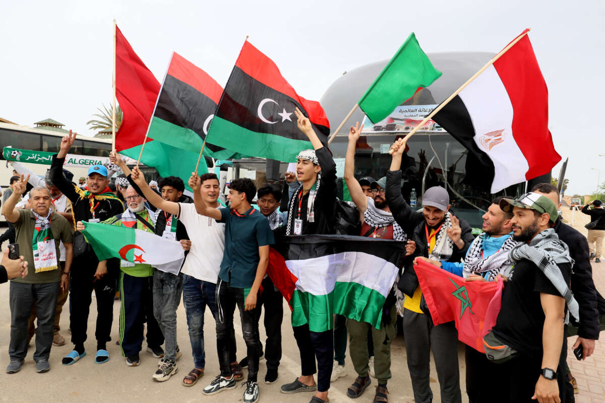 Members of the "Resilience 2" land convoy prepare to leave for the Palestinian Gaza Strip, as they gather at the staging and coordination camp in the Joud Daem forest area, about 30 km west of Tripoli, Libya, on May 15, 2026.