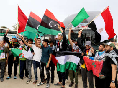 Members of the "Resilience 2" land convoy prepare to leave for the Palestinian Gaza Strip, as they gather at the staging and coordination camp in the Joud Daem forest area, about 30 km west of Tripoli, Libya, on May 15, 2026.