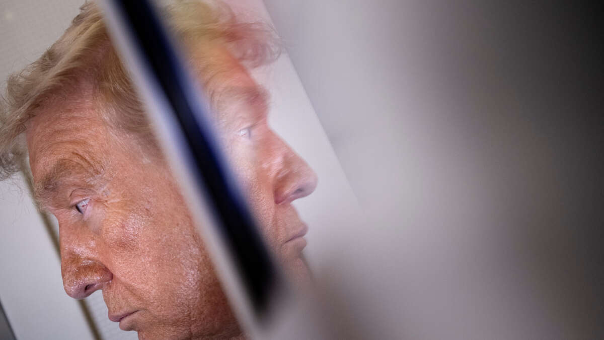 U.S. President Donald Trump speaks to reporters aboard Air Force One after his departure from Beijing Capital Airport in Beijing, China, on May 15, 2026, on his way back to the United States.