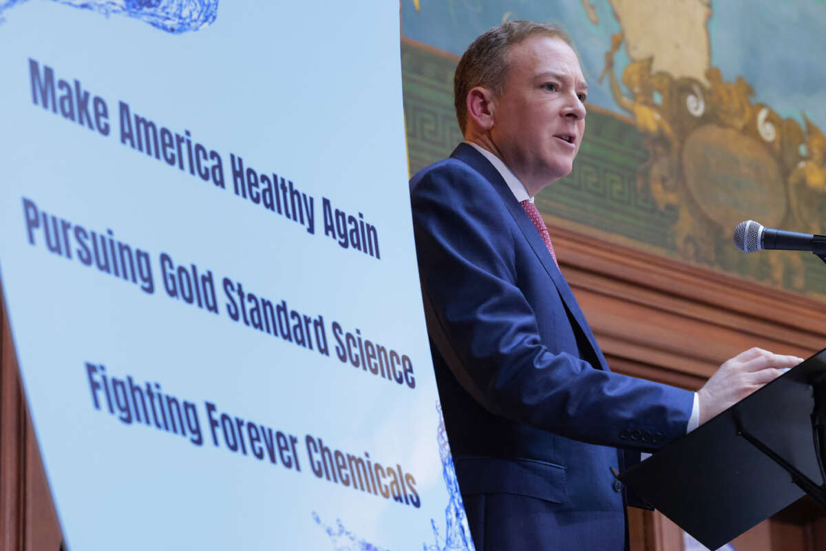 Environmental Protection Agency administrator Lee Zeldin speaks during a roundtable with Health and Human Services Secretary Robert F. Kennedy Jr. on efforts to combat per- and polyfluoroalkyl substances (PFAS) at EPA headquarters on May 18, 2026, in Washington, D.C.