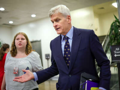 Sen. Bill Cassidy walks to the weekly Senate Policy Luncheon at the U.S. Capitol on May 19, 2026, in Washington, D.C.