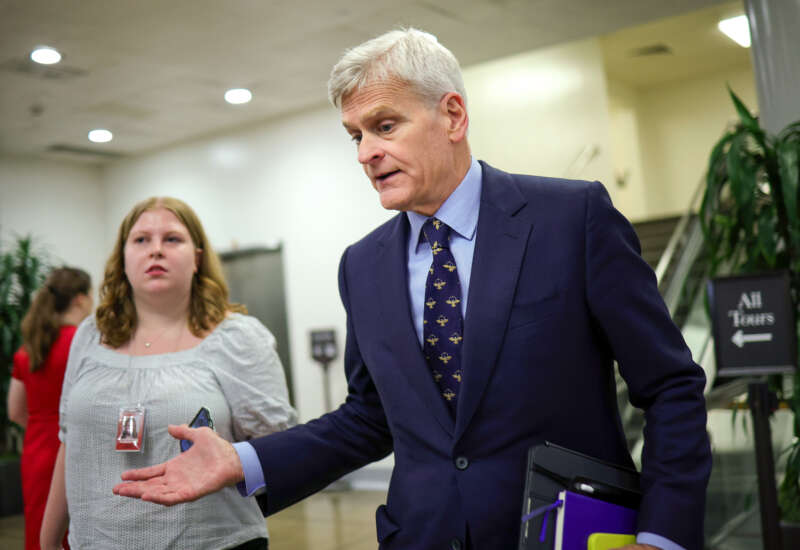 Sen. Bill Cassidy walks to the weekly Senate Policy Luncheon at the U.S. Capitol on May 19, 2026, in Washington, D.C.