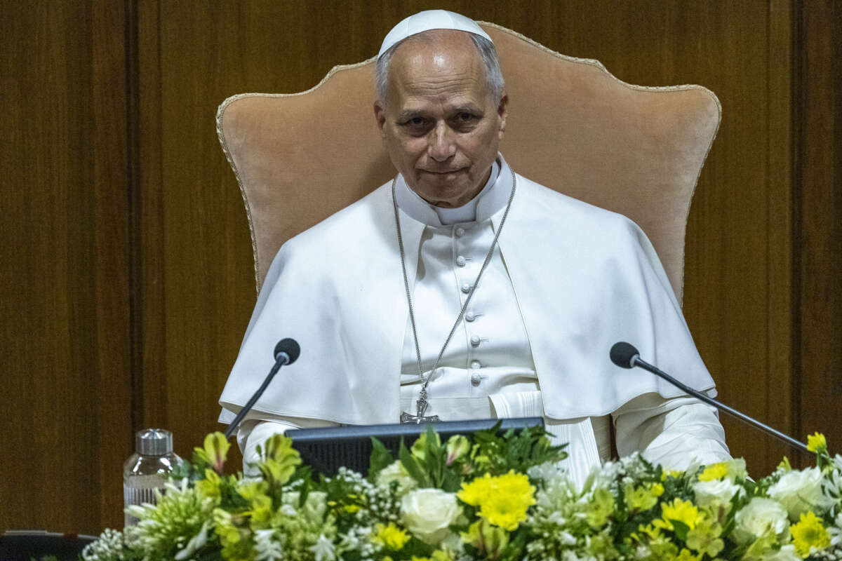 Pope Leo XIV attends the presentation of his first Encyclical Letter "Magnifica humanitas" at the Synod Hall on May 25, 2026, in Vatican City, Vatican.