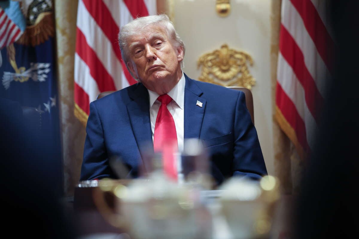 U.S. President Donald Trump listens to members of his Cabinet speak during a meeting in the Cabinet Room of the White House on May 27, 2026, in Washington, D.C.
