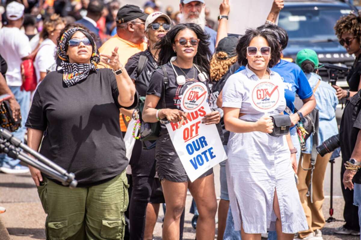 Protestors march in Selma, Alabama, as part of the All Roads Lead to the South rally on May 16, 2026. A three-judge federal panel Tuesday blocked Alabama's use of a congressional map it had previously ruled racially discriminatory.