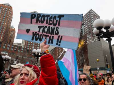 People attend a rally in Union Square in Manhattan supporting transgender youth on February 08, 2025 in New York City, in opposition to the Trump administration's attacks on the transgender community.
