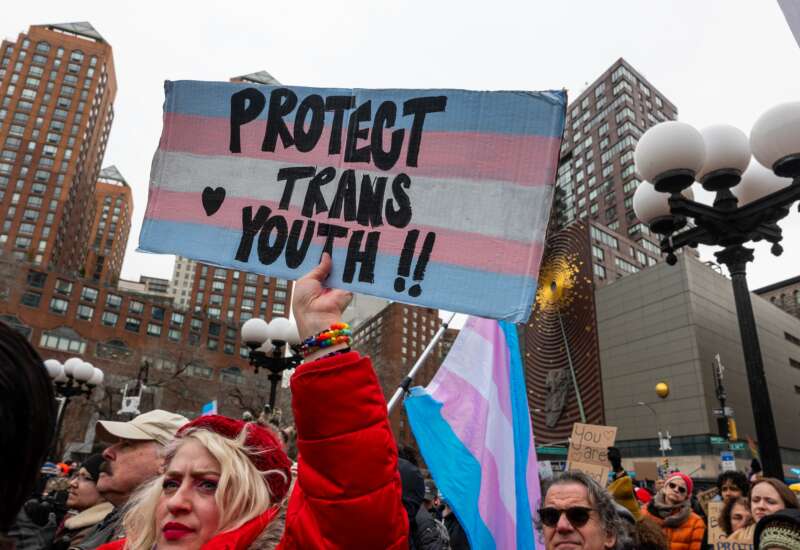 People attend a rally in Union Square in Manhattan supporting transgender youth on February 08, 2025 in New York City, in opposition to the Trump administration's attacks on the transgender community.