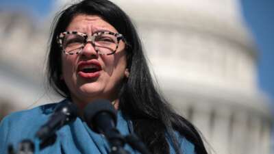 U.S. Rep. Rashida Tlaib (D-MI) speaks during a news conference on congressional oversight of the homeland security in front of the U.S. Capitol on April 8, 2025 in Washington, DC.
