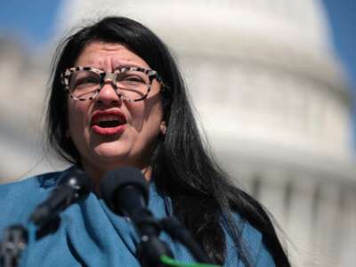 U.S. Rep. Rashida Tlaib (D-MI) speaks during a news conference on congressional oversight of the homeland security in front of the U.S. Capitol on April 8, 2025 in Washington, DC.