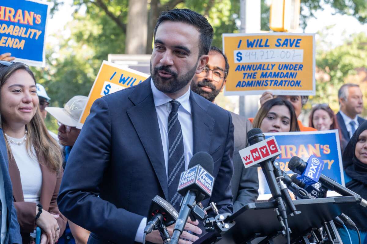 Zohran Mamdani speaks at a rally with local elected officials amid his mayoral campaign in New York on October 6, 2025. Mamdani was elected as Mayor of New York City in November 2025.