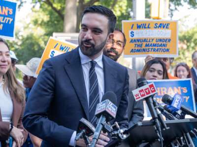 Zohran Mamdani speaks at a rally with local elected officials amid his mayoral campaign in New York on October 6, 2025. Mamdani was elected as Mayor of New York City in November 2025.
