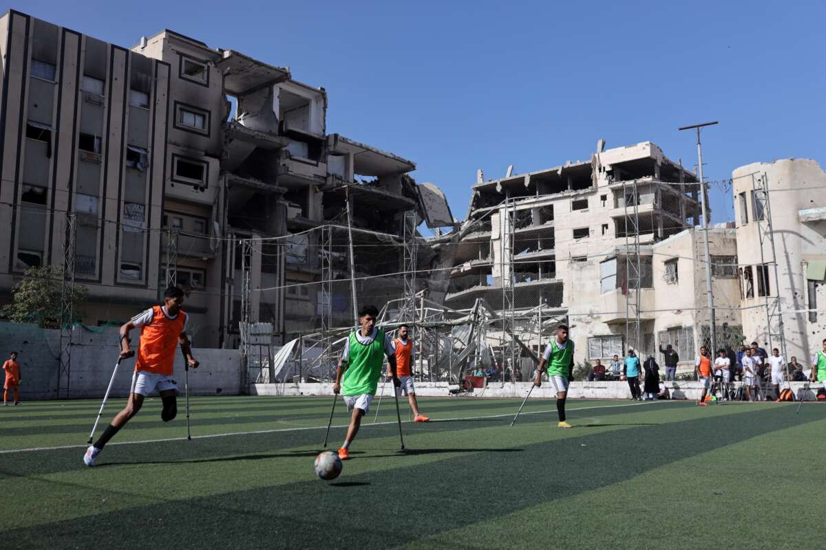 Palestinian amputee soccer players train amid the rubble of destroyed buildings in Gaza City, Palestine, on February 11, 2026.