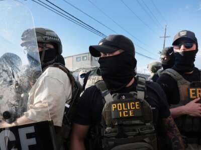 ICE agents clash with protesters outside the federal immigration center at Delaney Hall in Newark, on May 28, 2026 in Newark, New Jersey.