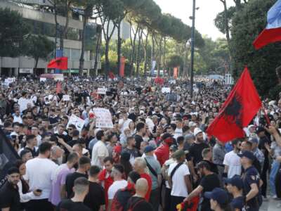 Protestors take part in a demonstration in front of the prime minister's office against the construction of a luxury resort near a protected natural area on June 2, 2026. Several thousand citizens demonstrated in Tirana for the second consecutive night to demand transparency around a tourist complex project linked to US President Donald Trump's son-in-law, Jared Kushner.