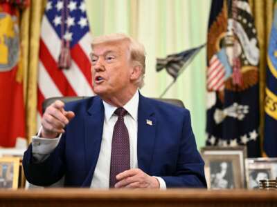 US President Donald Trump speaks to the press in the Oval Office of the White House in Washington, DC, on June 3, 2026.