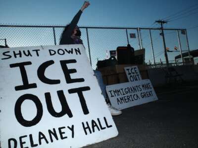 Protesters gather outside the Delaney Hall Immigration Detention Center on June 09, 2026 in Newark, New Jersey. Despite the police taking over security outside, the nightly protests have continued and come amid reports of poor conditions inside the facility for the detainees who are on a hunger and labor strike.