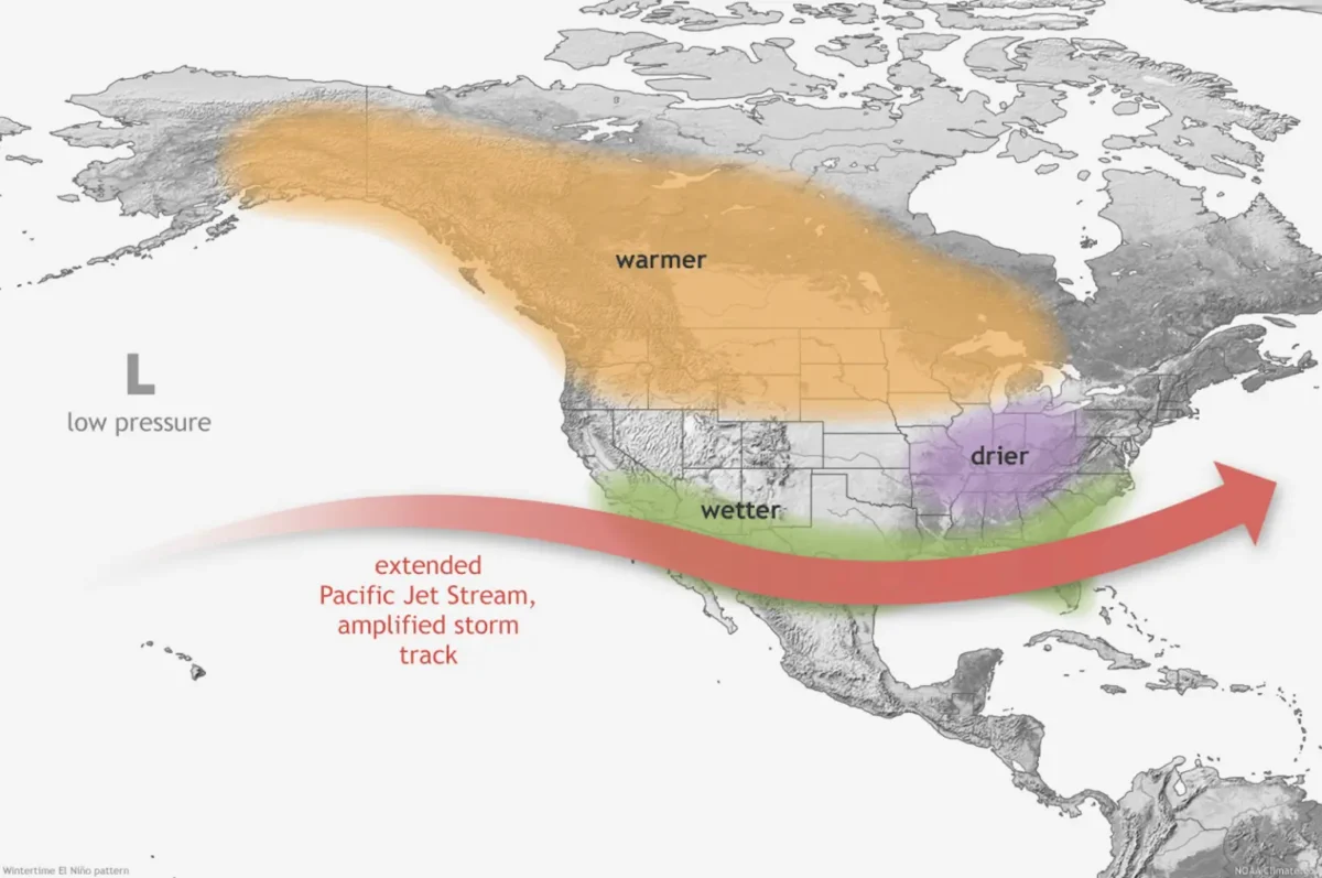 The typical impacts of El Niño to the continental U.S. and Canada during Northern Hemisphere winter.