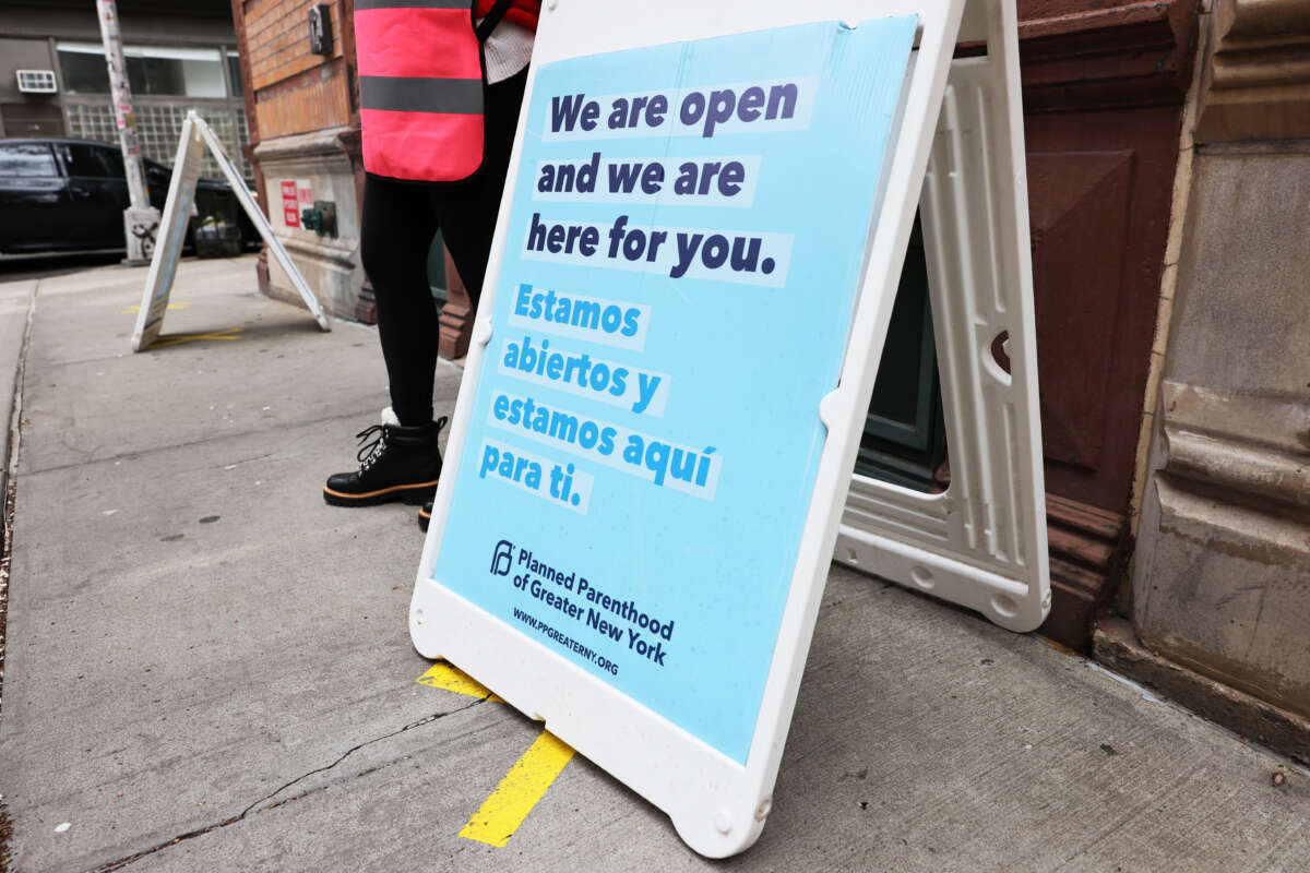Clinic escort volunteers stand outside of the Planned Parenthood in the Financial District neighborhood of Manhattan on April 16, 2021, in New York City.