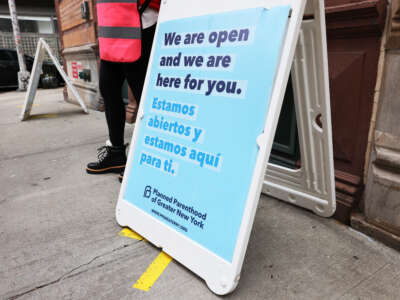Clinic escort volunteers stand outside of the Planned Parenthood in the Financial District neighborhood of Manhattan on April 16, 2021, in New York City.