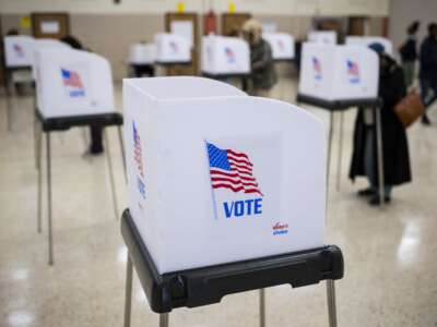 Voters are seen at voting booths on Election Day at a polling location in Upper Marlboro, Maryland, on November 5, 2024.
