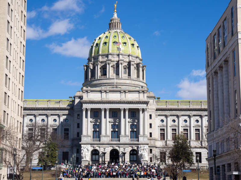 Protesters rally on President's Day outside the Pennsylvania State Capitol in Harrisburg, Pennsylvania, on February 17, 2025.