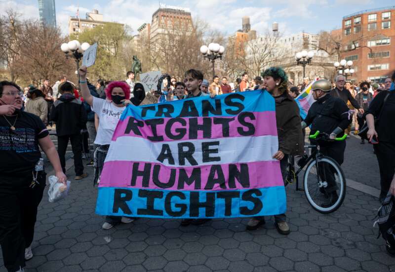 People march through Manhattan on Trans Day of Visibility on March 31, 2025, in New York City.
