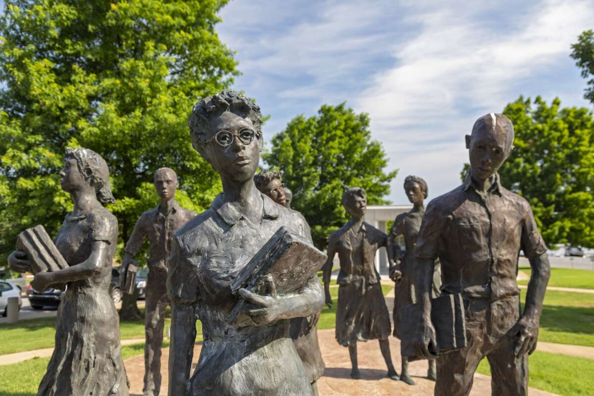 "Testament," a sculpture honoring the Little Rock Nine--black students who integrated Little Rock Central High School in 1957 despite violence and threats of violence, in Little Rock, Arkansas.