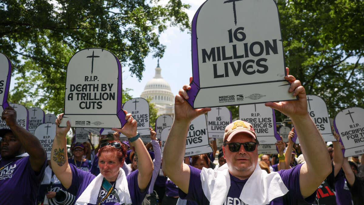 Care workers with the Service Employees International Union (SEIU) participate in a living cemetery protest at the U.S. Capitol on June 23, 2025, in Washington, D.C.