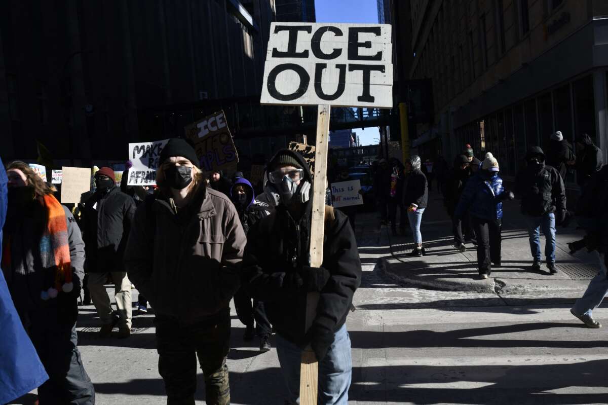 People partake in a "National Shutdown" protest against ICE in Minneapolis, Minnesota, on January 30, 2026.