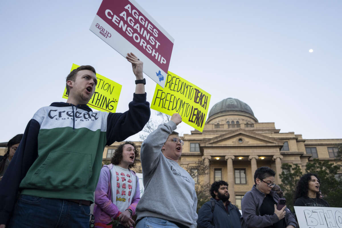 Students and faculty gather to support academic freedom on the campus of Texas A&M University in College Station, Texas, on January 29, 2026.