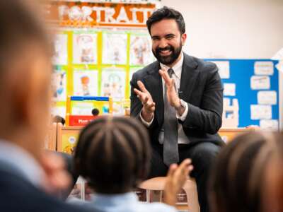 Mayor Zohran Mamdani claps during a visit to Learning Through Play Pre-K on April 18, 2026, in the Bronx borough of New York City.