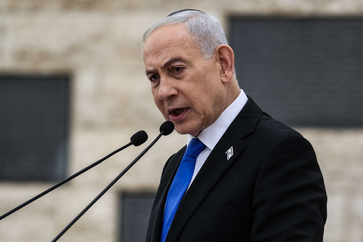 Israel's Prime Minister Benjamin Netanyahu speaks during a ceremony commemorating Israel's Remembrance Day for fallen soldiers, or Yom HaZikaron, at the Military Cemetery on Mount Herzl in Jerusalem, on April 21, 2026.