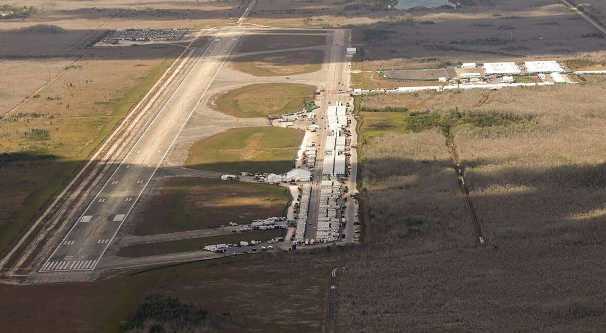 An overhead view of Florida's “Alligator Alcatraz” immigration jail in the Everglades, on March 4, 2026.