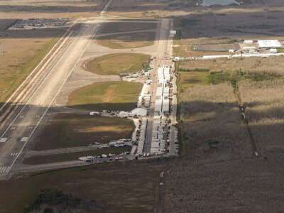 An overhead view of Florida's “Alligator Alcatraz” immigration jail in the Everglades, on March 4, 2026.
