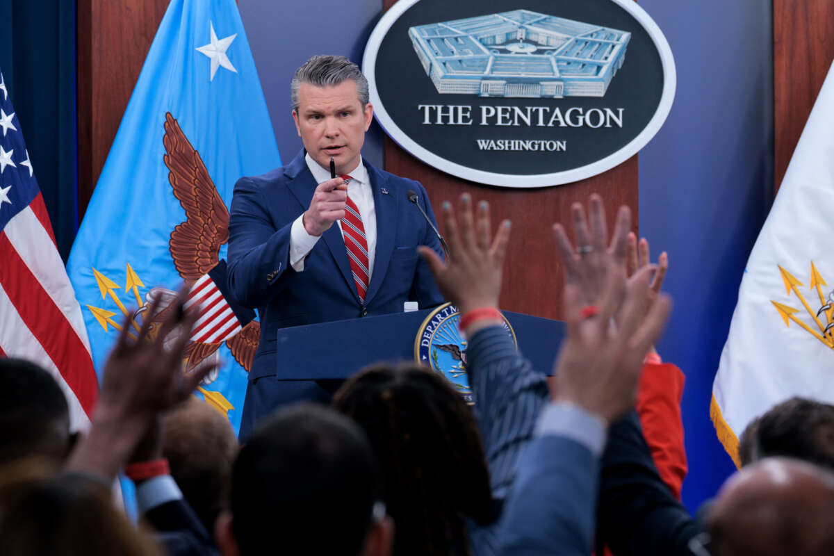 U.S. Secretary of Defense Pete Hegseth calls on reporters during a press briefing at the Pentagon on May 5, 2026, in Arlington, Virginia.