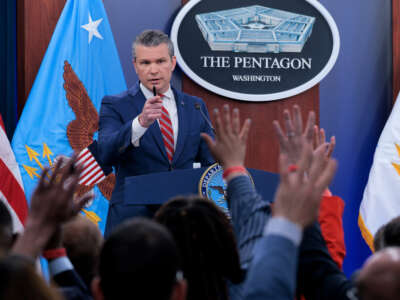 U.S. Secretary of Defense Pete Hegseth calls on reporters during a press briefing at the Pentagon on May 5, 2026, in Arlington, Virginia.