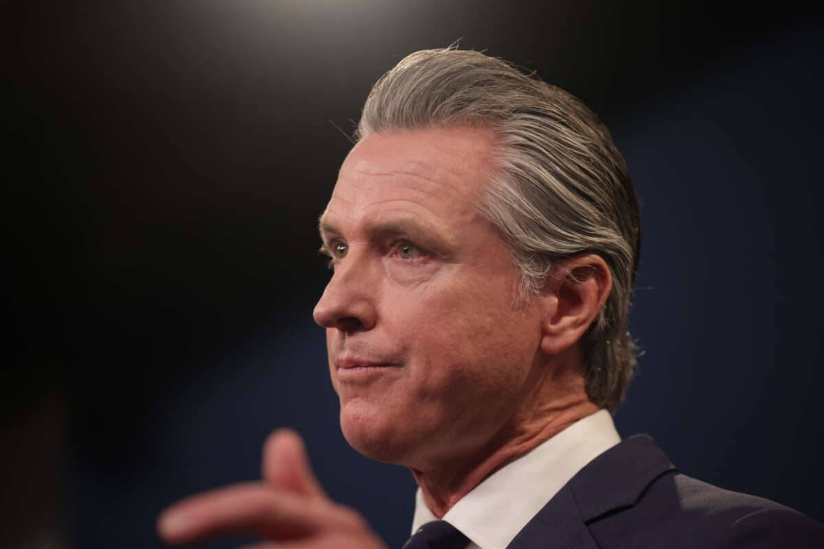 California Governor Gavin Newsom delivers his final state budget plan at the Capitol Annex Swing Space in Sacramento, California, on May 14, 2026.