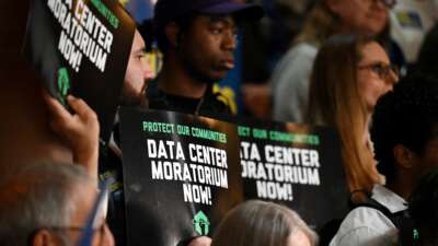 Environmental advocates and progressive lawmakers hold a rally in support of legislation that would put a moratorium on new data centers in the state on May 13, 2026, at the Capitol in Albany, New York.