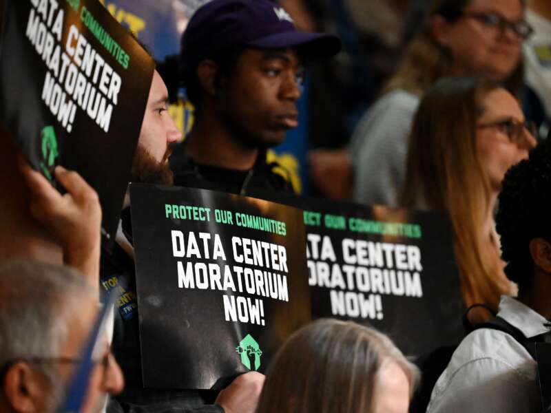 Environmental advocates and progressive lawmakers hold a rally in support of legislation that would put a moratorium on new data centers in the state on May 13, 2026, at the Capitol in Albany, New York.