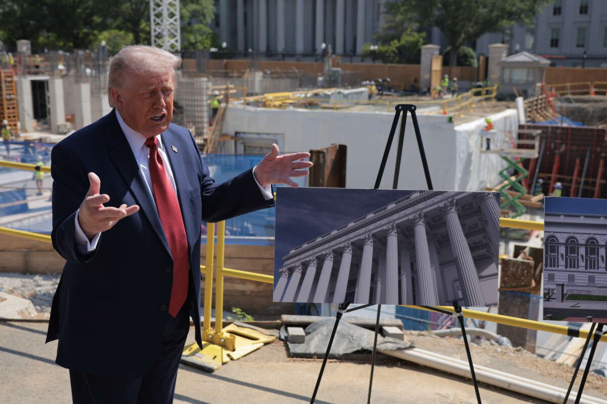 President Donald Trump talks to reporters about his proposed White House ballroom next to the worksite on May 19, 2026, in Washington, D.C.