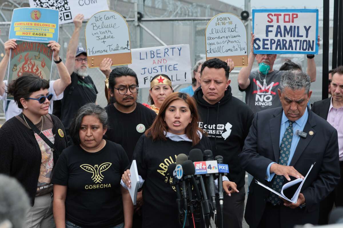 Gabriela Soto speaks outside Delaney Hall, which is being used as an ICE jail, on May 27, 2026, in Newark, New Jersey.