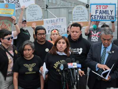 Gabriela Soto speaks outside Delaney Hall, which is being used as an ICE jail, on May 27, 2026, in Newark, New Jersey.