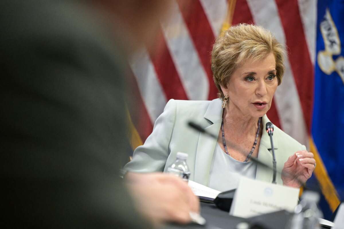 Secretary of Education Linda McMahon speaks during a roundtable discussion hosted by Acting Attorney General Todd Blanche at the Department of Justice headquarters in Washington, D.C., on June 11, 2026.