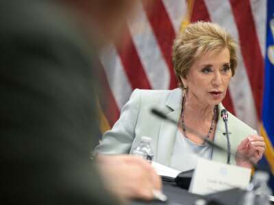 Secretary of Education Linda McMahon speaks during a roundtable discussion hosted by Acting Attorney General Todd Blanche at the Department of Justice headquarters in Washington, D.C., on June 11, 2026.