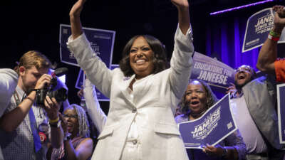 Mayoral candidate Janeese Lewis George celebrates her early lead at her election night party at the Howard Theatre on June 16, 2026, in Washington, D.C.