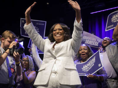 Mayoral candidate Janeese Lewis George celebrates her early lead at her election night party at the Howard Theatre on June 16, 2026, in Washington, D.C.