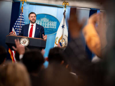 Vice President JD Vance speaks during a news conference in the Brady Press Briefing Room at the White House on June 18, 2026, in Washington, D.C. Vance is expected to travel to Lucerne, Switzerland for follow up talks after a memorandum of understanding to end the U.S. war on Iran was signed between U.S. President Donald Trump and Iranian President Masoud Pezeshkian.