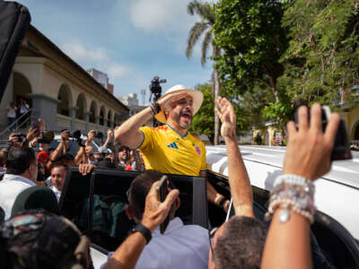 Abelardo de la Espriella waves to supporters after casting his vote during the 2026 presidential runoff in Colombia on June 21, 2026, in Barranquilla, Colombia.